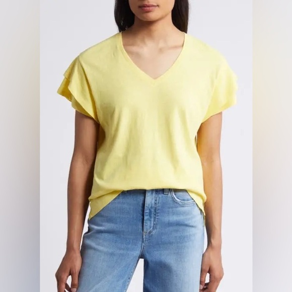 Caslon Tops - Caslon Yellow Short Sleeve flutter ruffle Tee linen cotton blend Medium NWOT